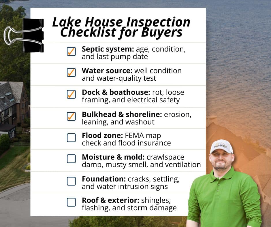 Lake house inspection checklist for buyers covering septic, well water, dock and boathouse, bulkhead and shoreline, flood zone, moisture and mold, foundation, and roof