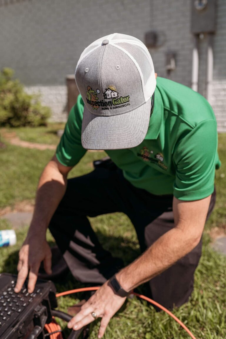 A inspector wearing a branded hat and green shirt operates digital equipment while crouching outdoors on a lawn.